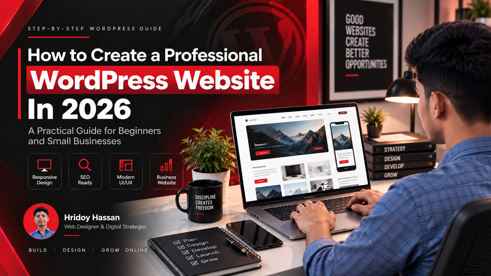 Professional web designer creating a modern WordPress website on a laptop